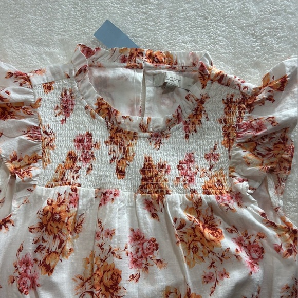 LOFT White Ruffle & Smocked Dress with Orange and Pink Floral Print Size SP - Picture 10 of 13